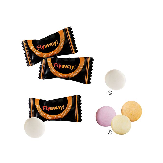 Streuartikel mentos 1er Flowpack – weiss – mit individuellem Etikett 1 Stück als Werbemittel auf Messen für Kunden und Mitarbeiter