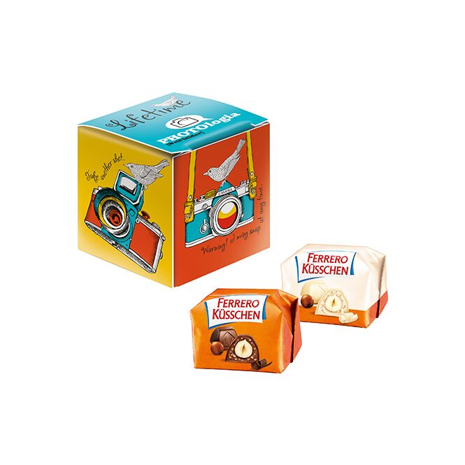 Werbeartikel Ferrero Küsschen Mini Promo-Würfel – white – mit individuellem Etikett für Messen und Events an potenzielle Geschäftspartner