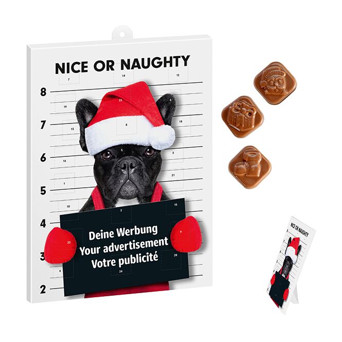 Firmengeschenk Classic Adventskalender – weihnachtlich – mit bedrucktem Etikett 24 Türchen Vollmilchschokolade als Weihnachtsgeschenk für Kunden und Partner