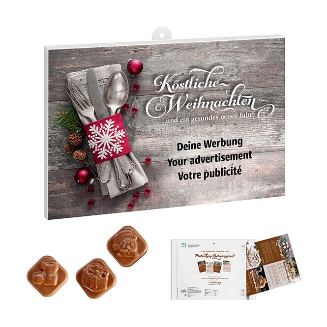 Firmengeschenk Adventskalender Standardmotiv – mit werbeeinleger – mit Logo bedruckt 24 Türchen Schokolade als Weihnachtsgeschenk für Kunden