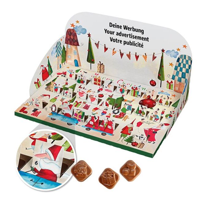 Firmengeschenk Pop-Up Schoko-Adventskalender – weihnachtszeit – mit individueller Banderole 24 Türchen als Weihnachtsgeschenk für Mitarbeiter