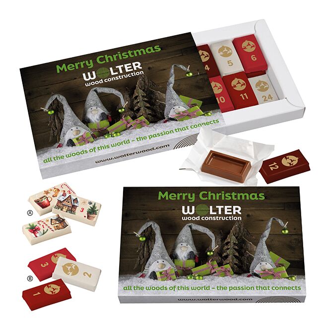 Firmengeschenk Schoko-Naps-Schuber-Adventskalender – weihnachtsdesign – inkl. Werbeaufdruck 24 Stk. als Weihnachtsgeschenk für Mitarbeiter