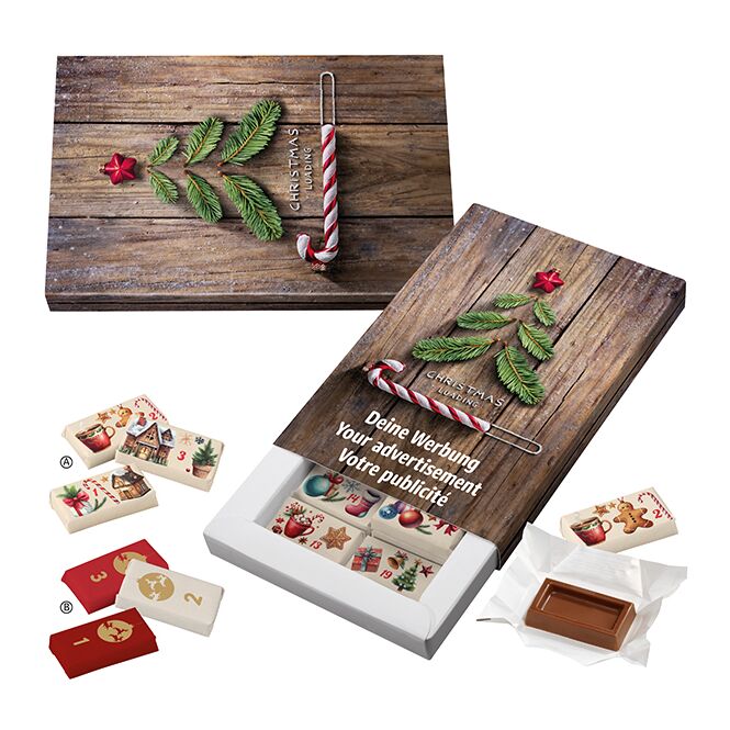 Firmengeschenk Schoko-Naps-Schuber-Adventskalender – weihnachten – mit individueller Banderole 24 Naps als Weihnachtsgeschenk für Mitarbeiter
