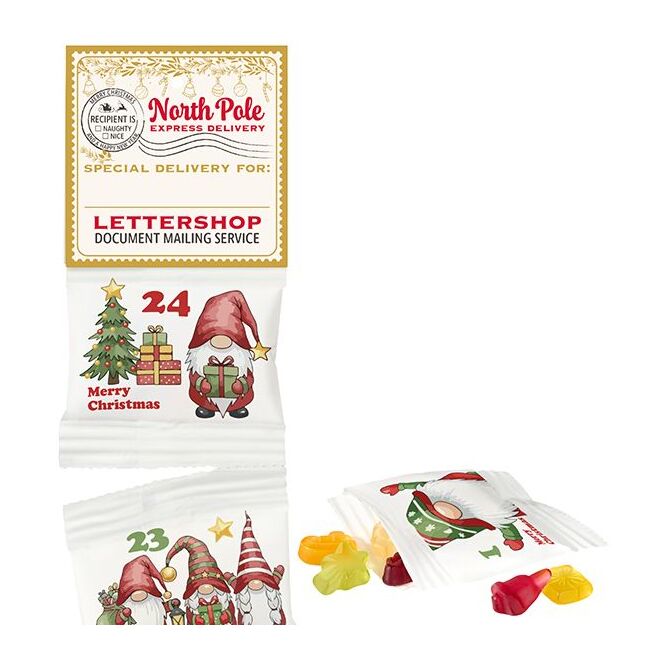 Firmengeschenk Fruchtgummi-Ketten-Adventskalender – weihnachten – mit bedrucktem Etikett als Weihnachtsgeschenk für Kunden und Partner