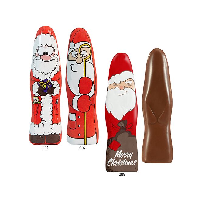 Firmengeschenk MINI Schoki-Weihnachtsmännchen Standardmotive – weihnachtlich – mit individuellem Etikett 15g als Weihnachtsgeschenk für Kunden