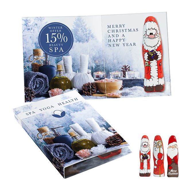 Firmengeschenk Mini Schoki-Weihnachtsmännchen – weihnachtlich – inkl. Werbeaufdruck 1 Stück als Weihnachtsgeschenk für Kunden und Partner