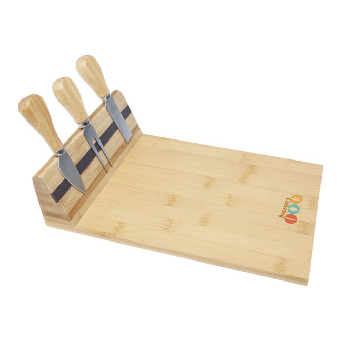 Firmengeschenk Käseplatte Mancheg – natur – mit 48h Express-Logodruck 30x20x7cm Bambus-Set mit Magnet-Besteck für Firmenkunden