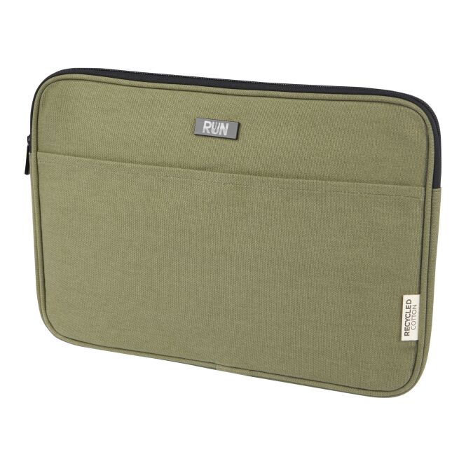 Mitarbeitergeschenk Joey Laptoptasche für 14 Zoll Notebooks – olive – mit Logo bedruckt 48h Express-Druck aus GRS recyceltem Canvas für das Homeoffice