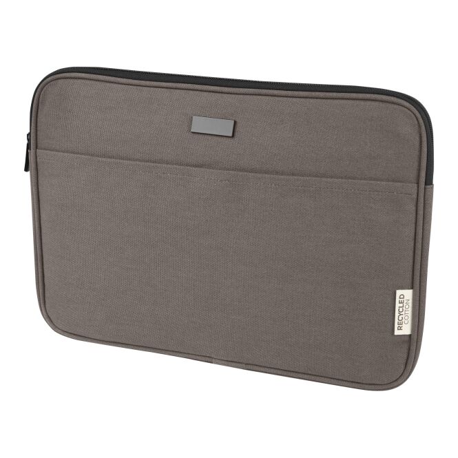 Mitarbeitergeschenk Laptoptasche Joey 14 Zoll – grau – mit Logo bedruckt 48h Express-Druck aus nachhaltigem GRS recyceltem Canvas