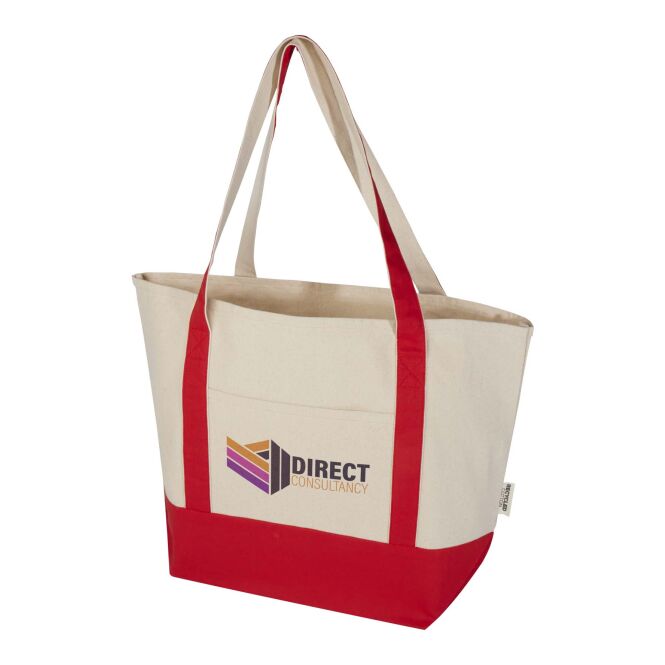 48h Express-Druck Nachhaltiger Werbeartikel Sam 320 g/m² Tragetasche aus GRS recycelter Baumwolle – rot-natur – mit Logo bedruckt