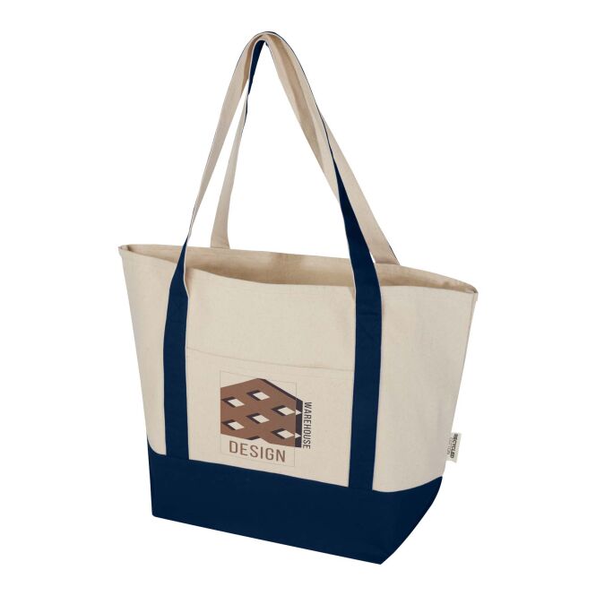 Mitarbeitergeschenk Tragetasche Sam 320g/m² – navy-natur – mit 48h Express-Logodruck 100% GRS-rBaumwolle 15L nachhaltiger Shopper