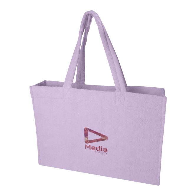 Mitarbeitergeschenk Tragetasche Siam – fliederfarben – mit Logodruck 13L 88% rPET GRS-zertifiziertes Frottee, nachhaltiger Shopper