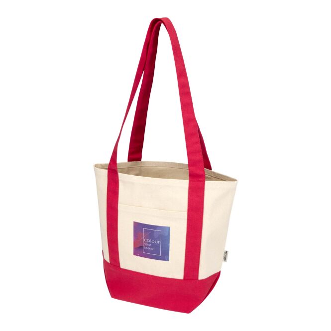 Firmengeschenk Tragetasche Sam – rot-natur – 48h Express-Logodruck 320g/m² 100% GRS-recycelte Baumwolle nachhaltige Stofftasche