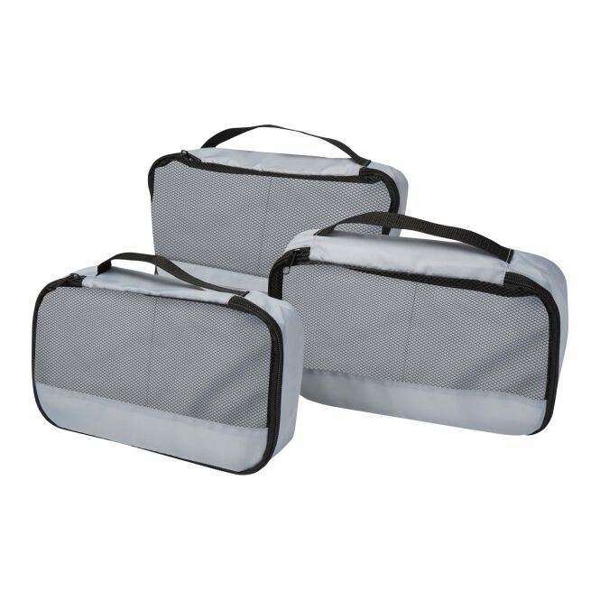 Kundengeschenk Jet GRS Packwürfel 3-tlg (S:16x26,5x8cm, M:18x30x8cm, L:23x34x8cm) – grau – mit Logo bedruckt 48h Express-Druck für Messen