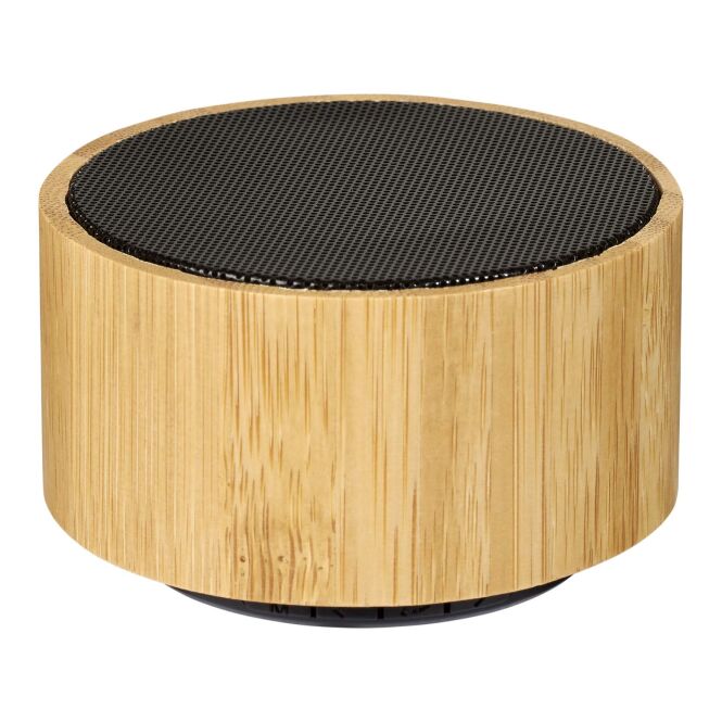 Firmengeschenk Bluetooth Lautsprecher Cosmos – natur-schwarz – mit Logo bedruckt 48h Express-Druck nachhaltig 3W für das Homeoffice