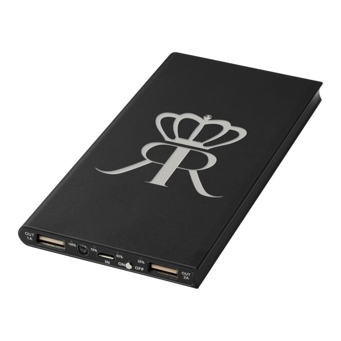Premium-Werbeartikel Powerbank Plate 8000 mAh – schwarz – mit Gravur 48h Express-Gravur für das Mitarbeiter-Onboarding