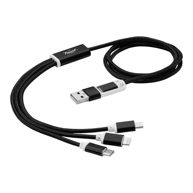 Werbegeschenk Versatile 3-in-1-Ladekabel – schwarz – mit Logo bedruckt 48h Express-Druck 100cm 5 Anschlüsse für den Büroalltag