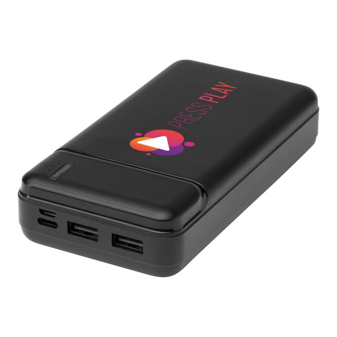 Premium-Werbeartikel Loop Powerbank 20.000 mAh – schwarz – mit Logo bedruckt 48h Express-Druck nachhaltig für das Mitarbeiter-Onboarding