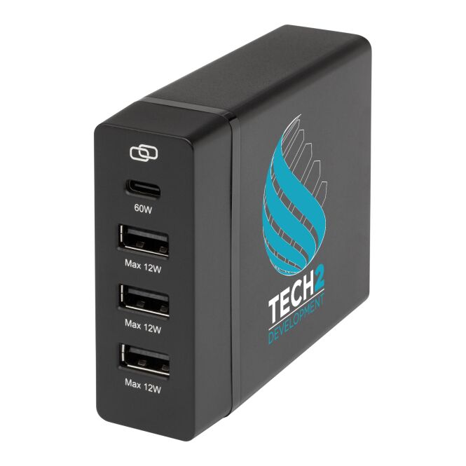 Kundengeschenk Powerbank ADAPT – schwarz – mit Logo bedruckt 48h Express-Druck 72W USB-C nachhaltig für das Homeoffice