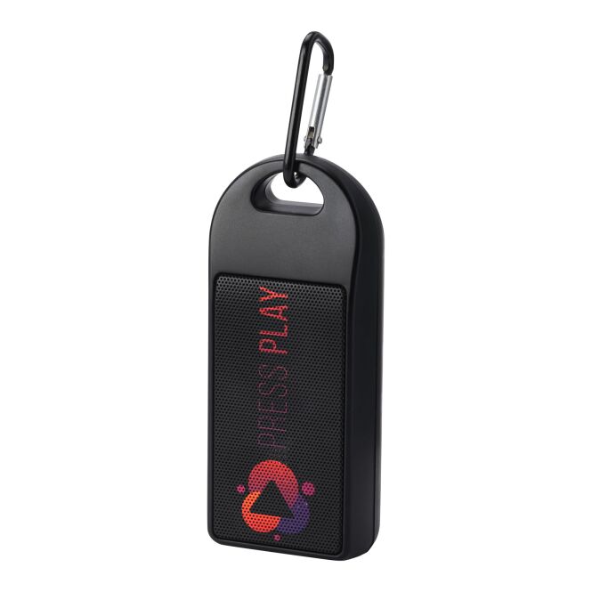 Firmengeschenk Bluetooth Lautsprecher Omni 3W – schwarz – mit Logo bedruckt 48h Express-Druck nachhaltig IPX4 300mAh für das Homeoffice