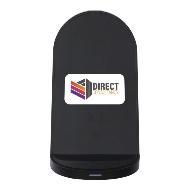 Premium-Werbeartikel Loop Wireless Charger – schwarz – mit Logo bedruckt 48h Express-Druck 15W Doppelspule nachhaltig für das Homeoffice