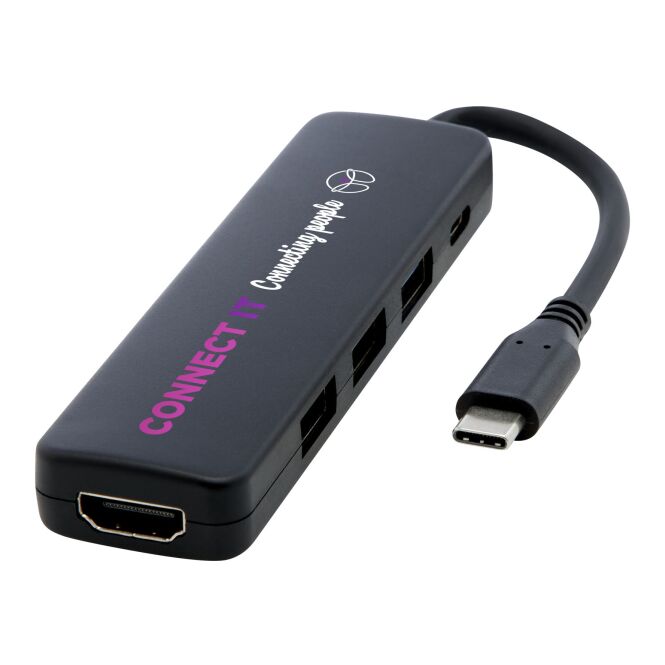 IT-Präsent Multimedia-Adapter Loop – schwarz – mit Logo bedruckt 48h Express-Druck USB 3.0 Typ-C mit HDMI 4K für das Homeoffice nachhaltig
