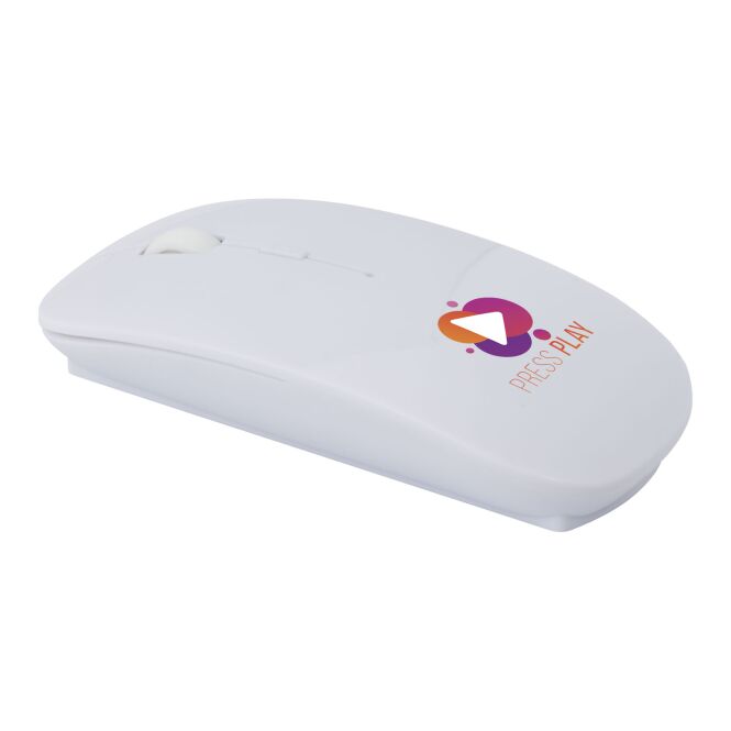 Werbeartikel Menlo Funkmaus – weiss – mit Logo bedruckt 48h Express-Druck kabellose 4-Tasten optische Maus für das Homeoffice