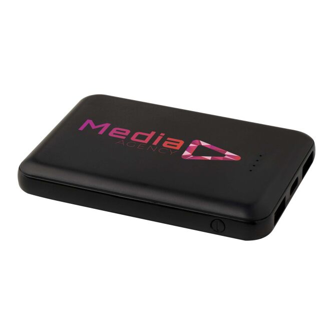 Firmengeschenk Powerbank Asama – schwarz – mit Logo bedruckt 48h Express-Druck 5.000 mAh 10W USB-C nachhaltig für das Mitarbeiter-Onboarding