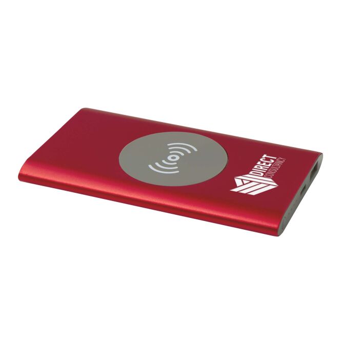 Technik-Werbemittel Juice 4000 mAh kabellose Powerbank – rot – mit Logo bedruckt 48h Express-Druck 10W Qi-Standard für das Homeoffice