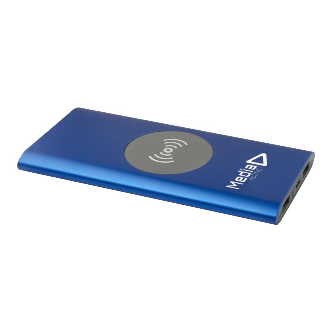 Werbeartikel Powerbank Juice 8000 mAh – royalblau – lasergraviert 48h Express-Gravur 10W Qi-Standard für das Mitarbeiter-Onboarding