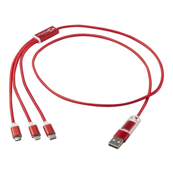Werbeartikel 5-in-1 Ladekabel Versatile – rot – mit Logo bedruckt 48h Express-Druck nachhaltiges rPET-Kabel 100cm für den Büroalltag