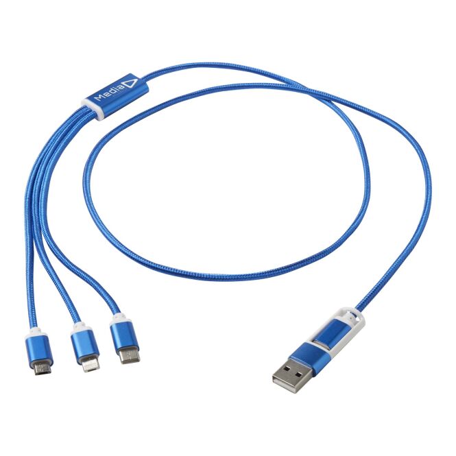 Werbeartikel 5-in-1 Ladekabel Versatile – royalblau – mit Logo bedruckt 48h Express-Druck 100cm USB-C & Lightning für den Büroalltag nachhaltig