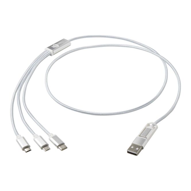 Werbeartikel 5-in-1 Ladekabel Versatile – silber – mit Logo bedruckt 48h Express-Druck 100cm nachhaltig aus recyceltem Aluminium