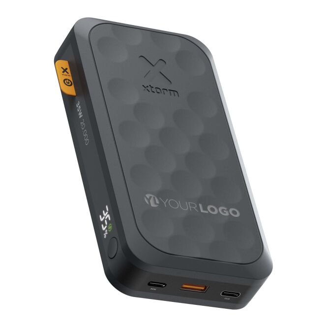 Firmengeschenk Powerbank Xtorm FS520 Fuel-Serie – transparent schwarz – mit Logo bedruckt 48h Express-Druck 20.000 mAh 35W für Homeoffice