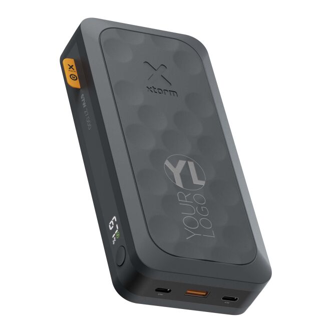 Kundengeschenk Powerbank Xtorm FS5271 Fuel-Serie – transparent schwarz – mit Logo bedruckt 48h Express-Druck 27.000 mAh 67 W USB-C PD