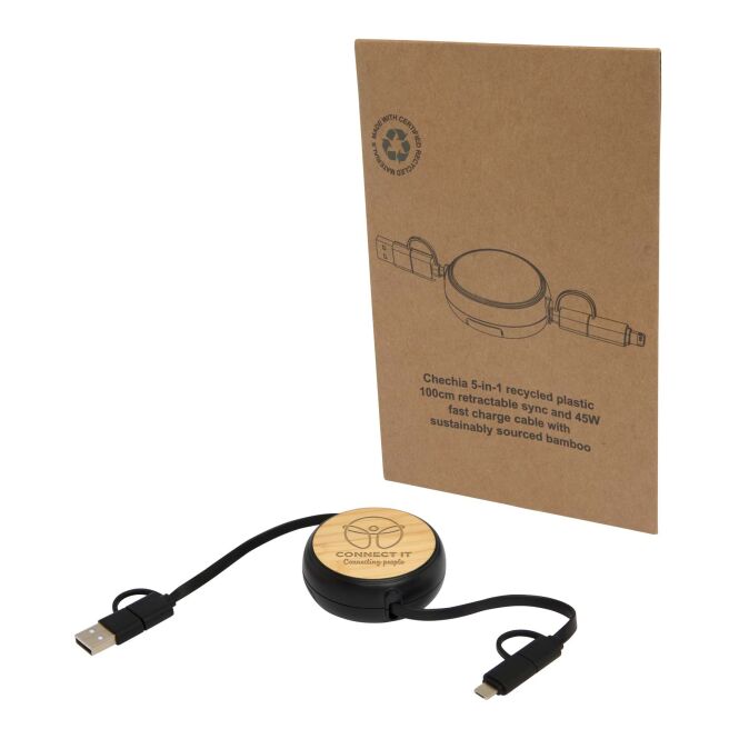 Firmengeschenk Kabel Chechia – schwarz – mit 48h Express-Logodruck 100cm aus 100% rPET/Bambus 45W Schnellladen nachhaltiges Zubehör