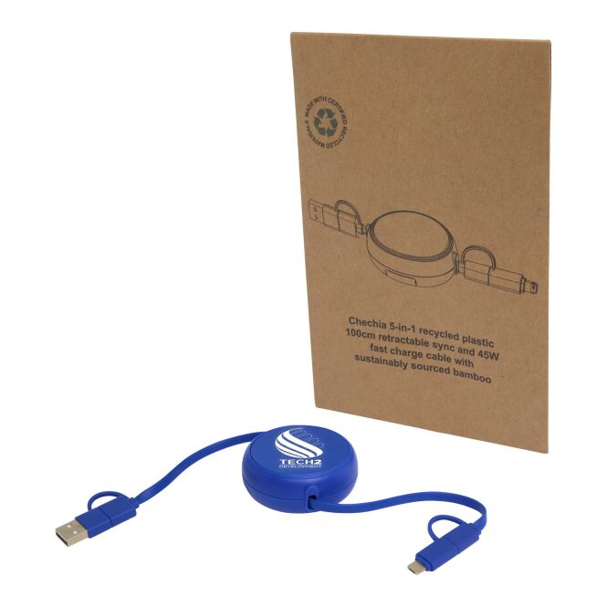Werbeartikel 5-in-1 Ladekabel Alasia 100cm – royalblau – mit Logo bedruckt 48h Express-Druck 45W Schnellladung nachhaltiges Öko-Tech für Büroalltag