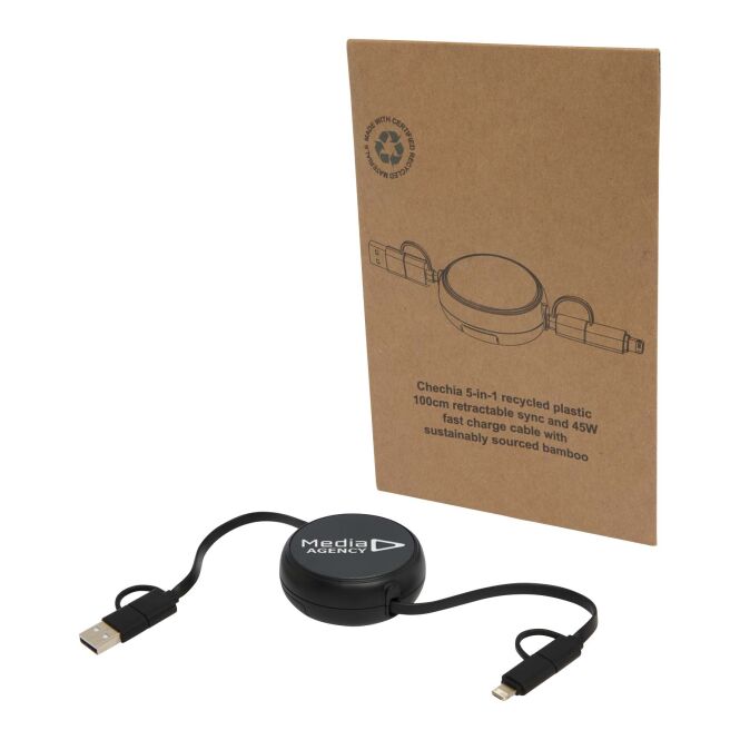 Werbeartikel 5-in-1 Ladekabel Alasia 100 cm – schwarz – mit Logo bedruckt 48h Express-Druck 45W Schnellladung nachhaltig für den Büroalltag