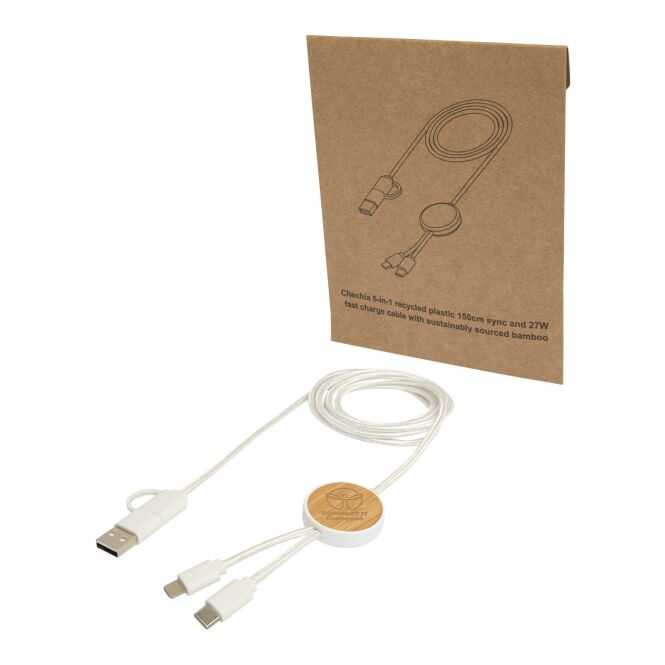Premium-Werbeartikel Ladekabel Chechia 150cm – weiss – mit 48h Express-Lasergravur aus 100% recyceltem Kunststoff nachhaltiges Zubehör