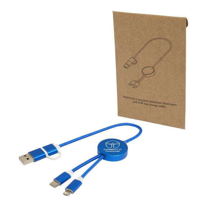 Werbeartikel 5-in-1 Ladekabel Alasia 30 cm – royalblau – mit Logo bedruckt 48h Express-Druck 27W Schnellladung nachhaltig für Büroalltag