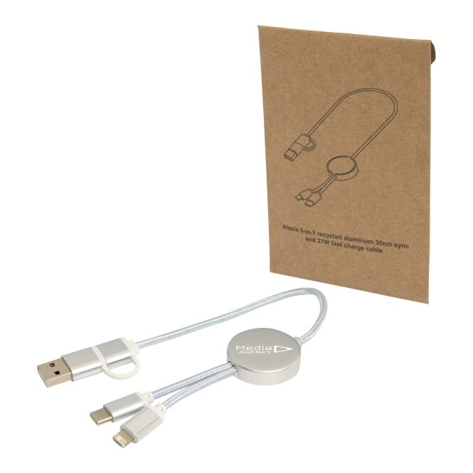 Werbeartikel 5-in-1 Ladekabel Alasia 30 cm – silber – mit Logo bedruckt 48h Express-Druck nachhaltig 27W Schnellladung für Büroalltag