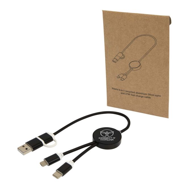 Werbeartikel 5-in-1 Ladekabel Alasia – schwarz – mit Logo bedruckt 48h Express-Druck 30 cm 27W Schnellladung nachhaltiges Technik-Giveaway