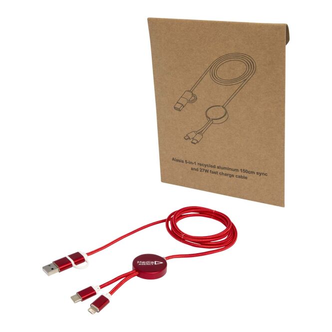 Streuartikel 5-in-1 Ladekabel Alasia – rot – mit Logo bedruckt 48h Express-Druck 150 cm 27W Schnellladung nachhaltig für Büroalltag