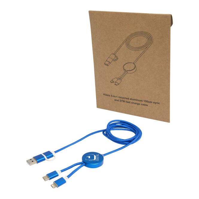 Werbeartikel Alasia 5-in-1 Ladekabel 150 cm – royalblau – mit Logo bedruckt 48h Express-Druck nachhaltig 27W Schnellladung für den Büroalltag