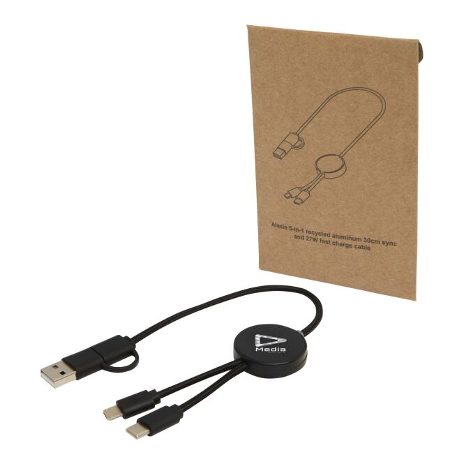 Streuartikel Citala 5-in-1 Ladekabel – schwarz – mit Logo bedruckt 48h Express-Druck 30 cm 27W Schnellladung nachhaltig für Büroalltag