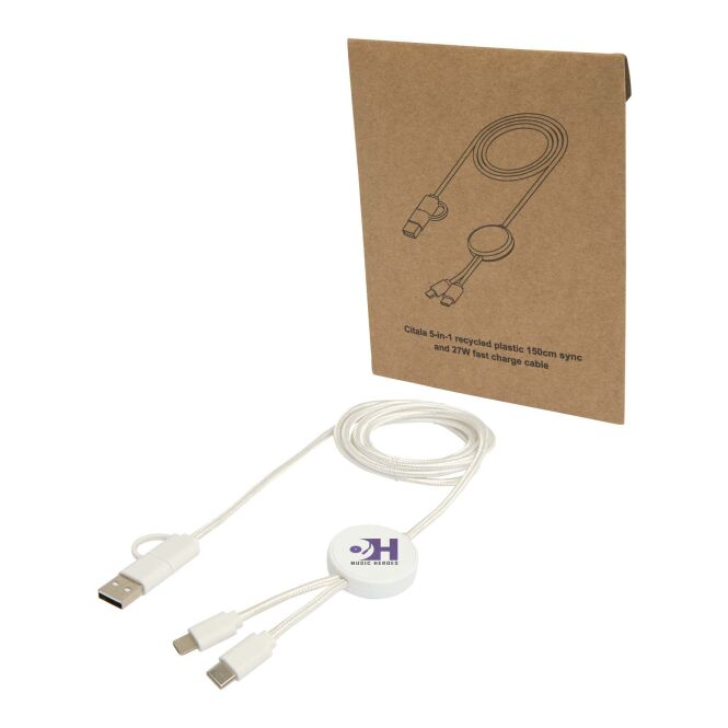 Werbeartikel Citala 150 cm 5-in-1 Kabel – weiss – mit Logo bedruckt 48h Express-Druck 27W Schnellladung nachhaltig für den Büroalltag