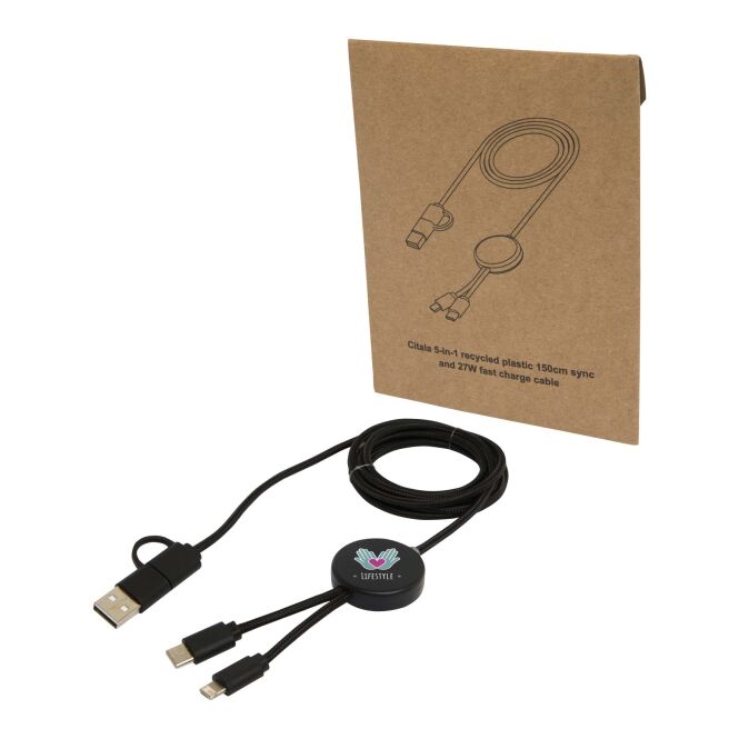 Werbeartikel 5-in-1 Ladekabel Citala – schwarz – mit Logo bedruckt 48h Express-Druck 150 cm 27W nachhaltig für den Büroalltag