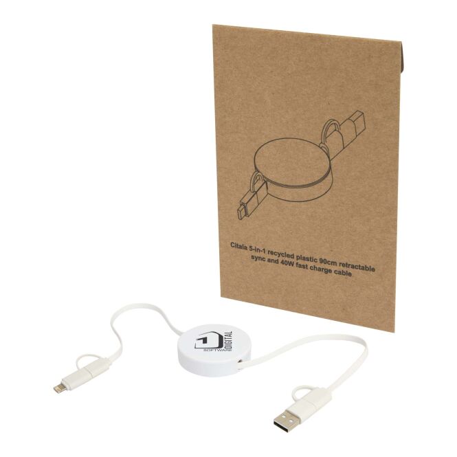 Werbeartikel Citala 5-in-1 Ladekabel – weiss – mit Logo bedruckt 48h Express-Druck 40W Schnellladung 90 cm nachhaltig für Büroalltag