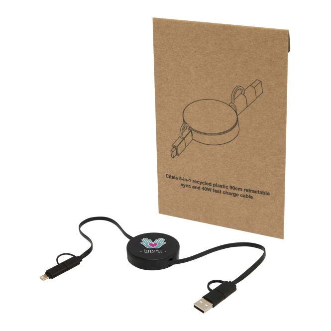 Werbeartikel Citala 5-in-1 Ladekabel – schwarz – mit Logo bedruckt 48h Express-Druck 90 cm recycelt 40W Schnellladung für den Büroalltag