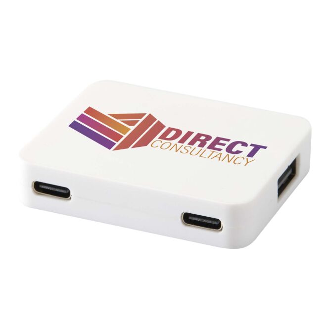 Werbeartikel Gaia USB-Hub 4-Port – weiss – mit Logo bedruckt 48h Express-Druck recycelt USB-A und Typ-C für die Büroausstattung